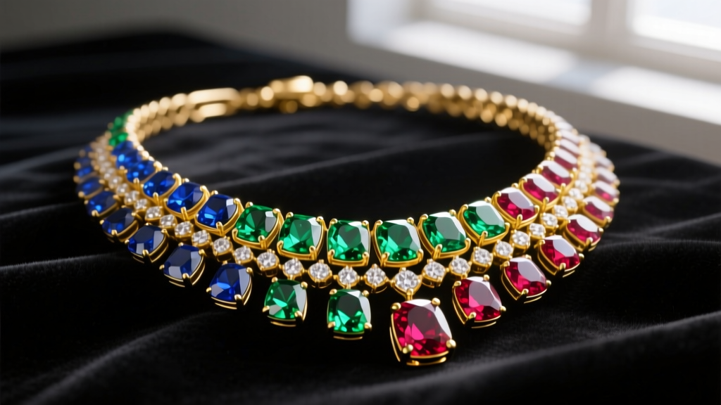 Close-up of a multi gem necklace with graduated sapphires, emeralds, and rubies in 18k yellow gold bezel settings on dark velvet