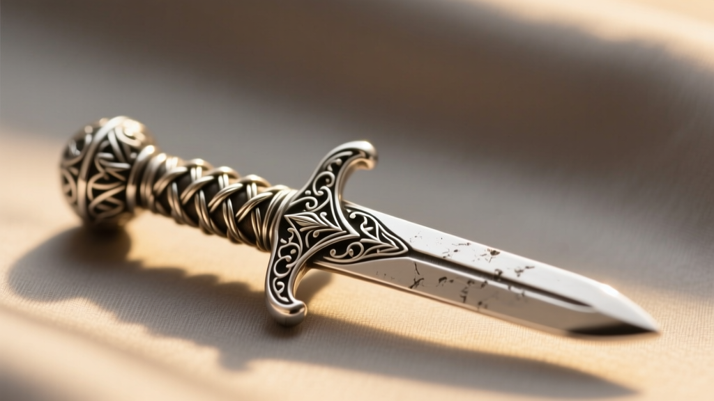 Macro photography of a miniature sword pendant hilt showing intricate lost-wax cast sterling silver pommel and braided wire grip