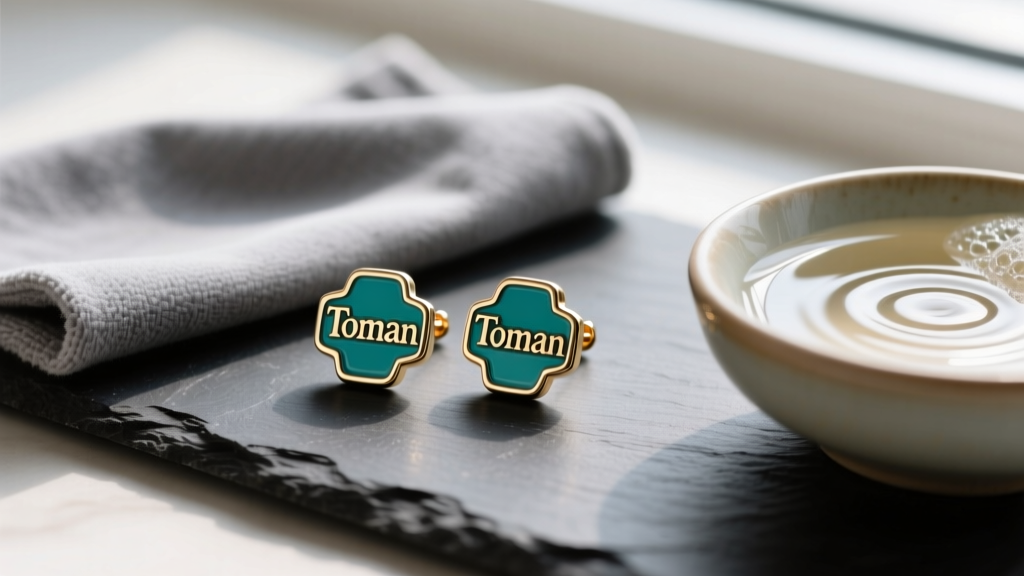 Close-up of Toman logo enamel earrings on dark slate beside a microfiber cloth and a small bowl of warm soapy water for cleaning