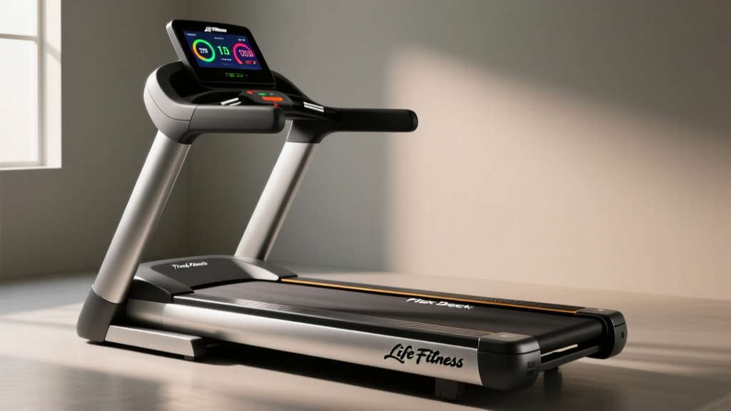 Side profile view of the Life Fitness T5 treadmill highlighting the FlexDeck cushioning system and Track console display