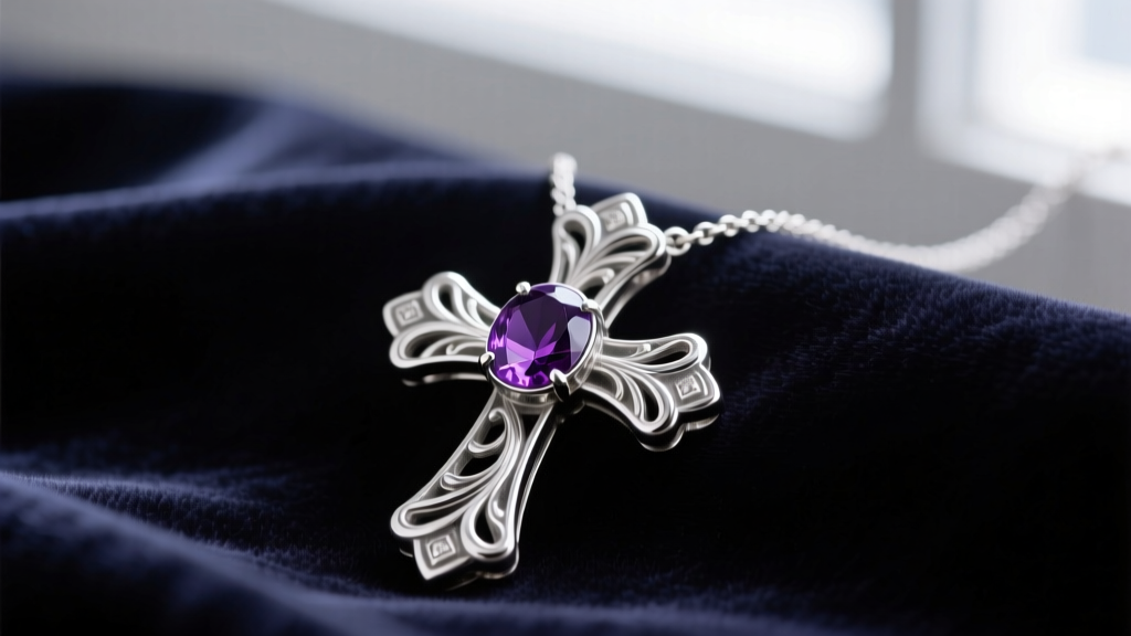 Intricate Susan Shaw sterling silver cross necklace with oxidized detailing and amethyst cabochon resting on dark velvet fabric