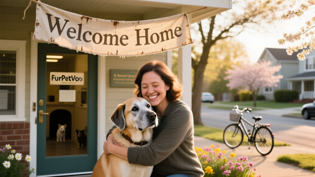 A smiling adopter hugging their newly adopted senior dog outside a FurPetVo shelter entrance, with 'Welcome Home' banner visible