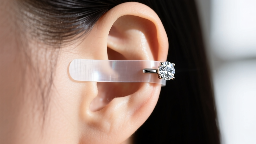 Macro shot of double-sided acrylic earring tape securing a diamond ear cuff to the upper helix cartilage of a human ear.