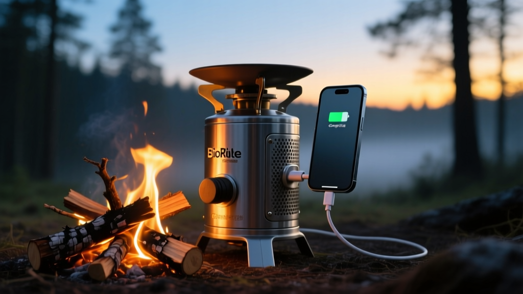 BioLite CampStove burning small wood twigs with a smartphone charging via USB cable attached to the side, campfire glow illuminating at dusk
