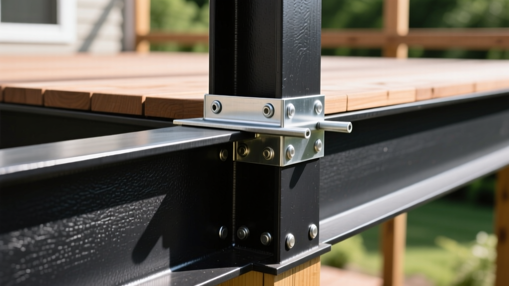 Close-up of black powder-coated steel deck joists being fastened to a galvanized ledger track on a residential outdoor deck frame