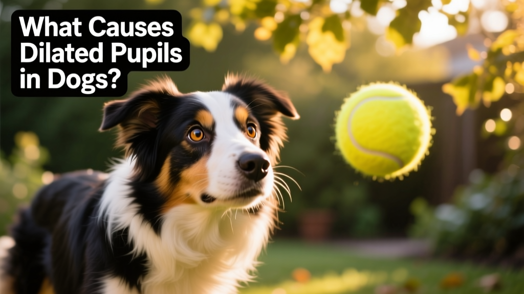 Border Collie intensely focused on a tennis ball, with dilated pupils and forward-leaning posture