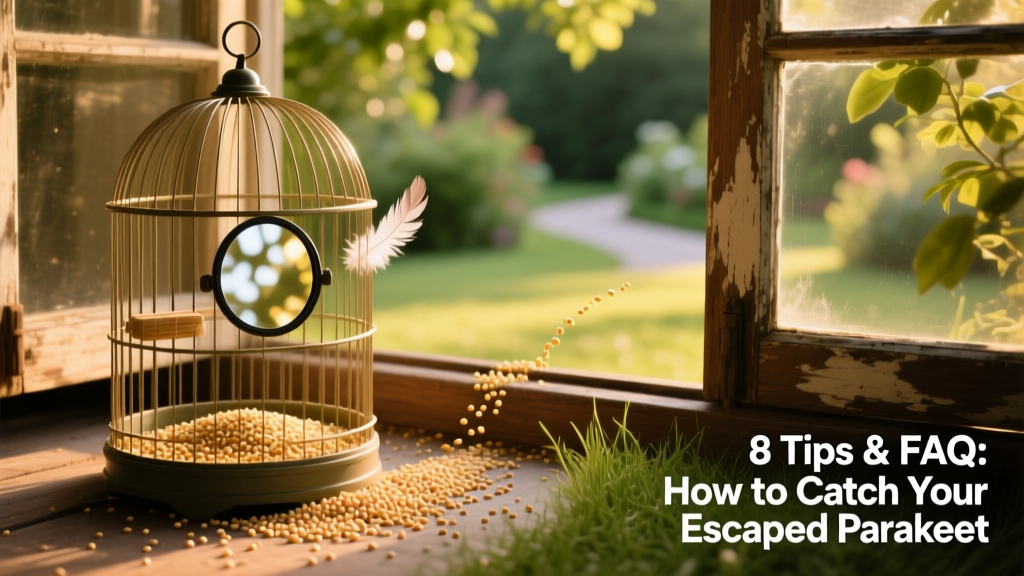 An open birdcage placed outdoors beside a window, with millet sprays and a small mirror inside