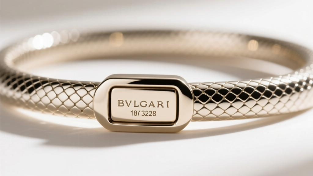 Macro shot of the hidden box clasp on an 18k white gold Serpenti Viper collar showing the crisp Bvlgari serial number engraving.
