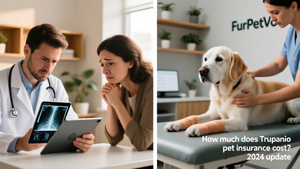 Side-by-side photos: a veterinarian reviewing digital x-rays with a concerned owner, and a calm senior dog receiving gentle physical therapy—illustrating FurPetVo’s focus on serious medical coverage