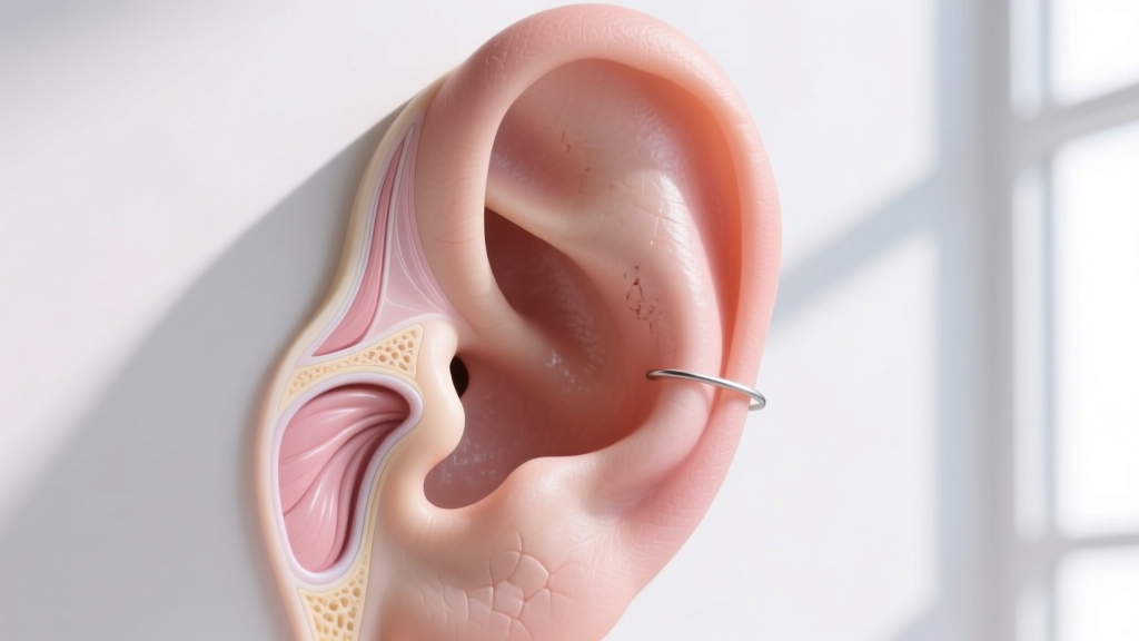 Detailed photo of ear anatomy highlighting the helix and conch zones to show where non-piercing cartilage cuffs grip the skin.