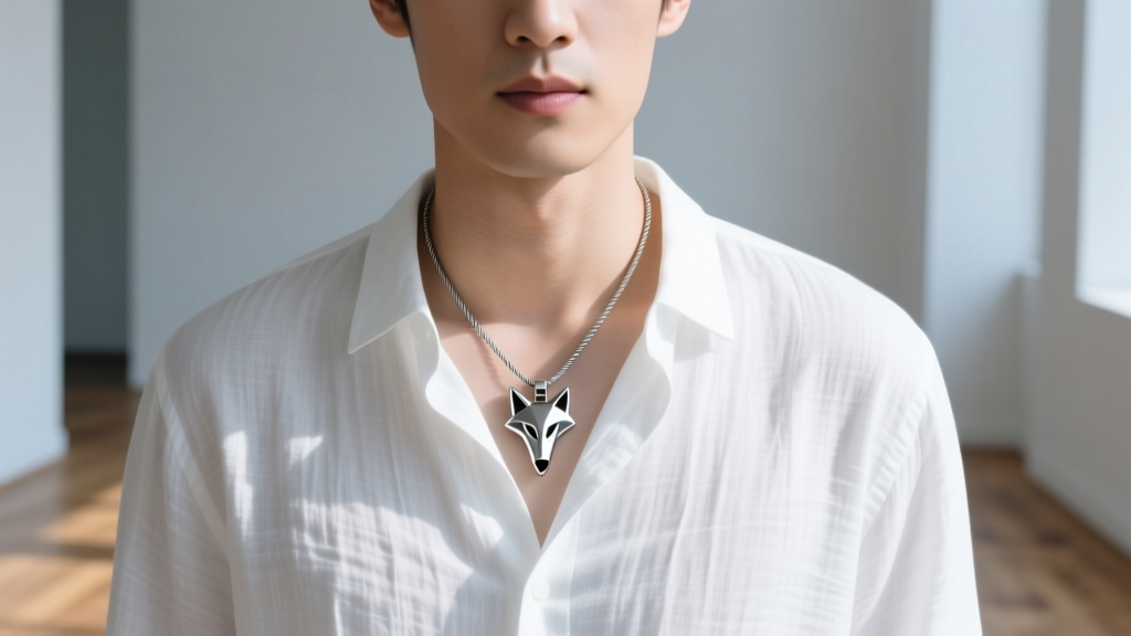 Man wearing a minimalist titanium wolf tooth pendant on a cable chain, layered over a crisp white linen shirt in bright daylight