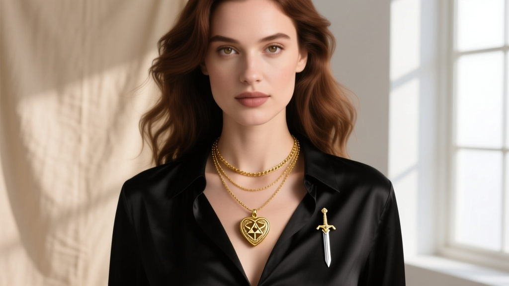 Woman wearing layered necklaces featuring a delicate gold heart container zelda pendant and a small master sword charm on a 20-inch chain.