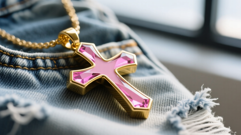 Close-up of a chunky gold-plated brass streetwear cross pendant with bright pastel pink enamel details resting on faded denim.