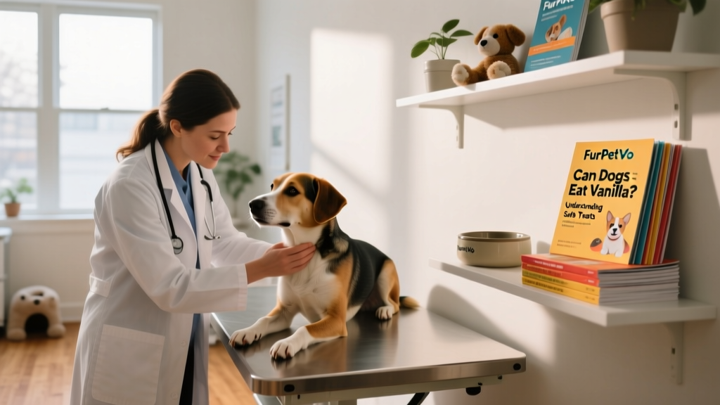 Veterinarian examining a dog in a calm clinic setting, with FurPetVo educational materials visible on a shelf