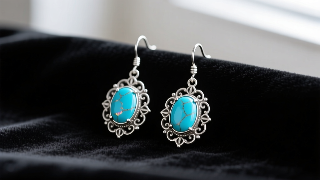 Sterling silver vintage dangle earrings featuring oval cabochon Sleeping Beauty turquoise stones on a dark velvet fabric surface.