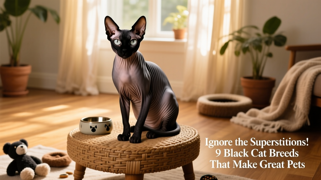 black sphynx cat sitting on ottoman