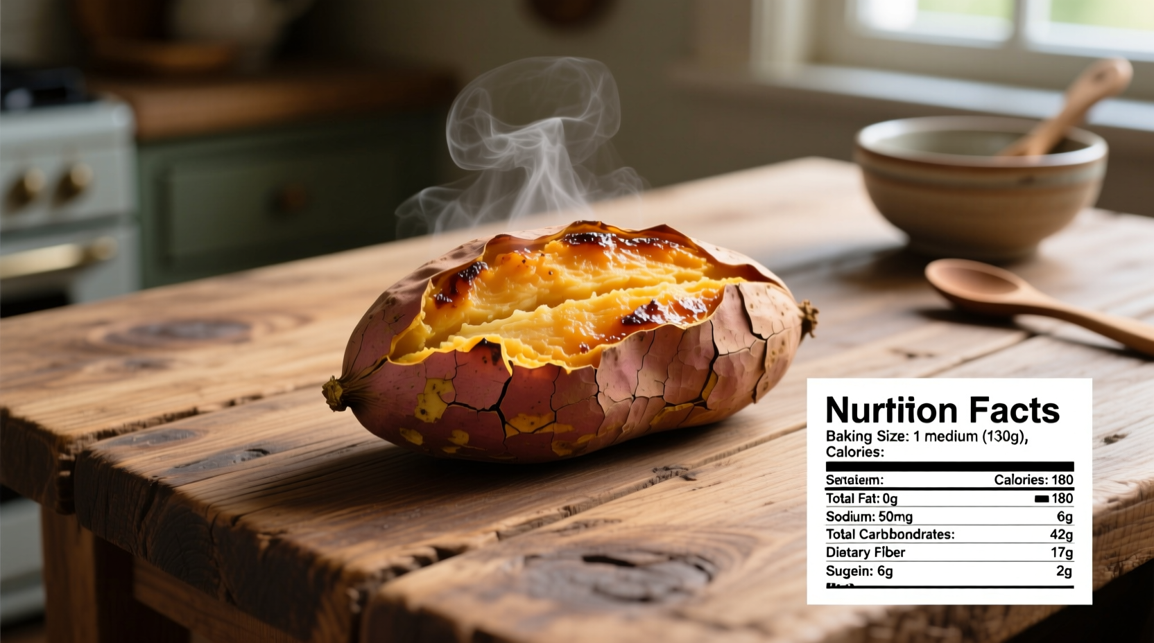 Nutrition facts of baked sweet potato on wooden table