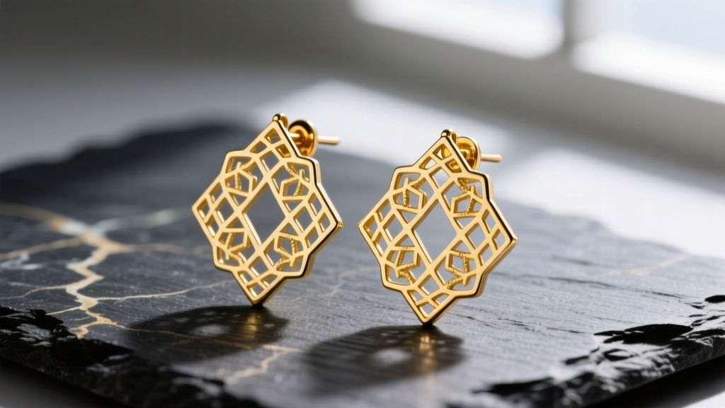 Macro photography of intricate 14k gold vermeil laser cut earrings with geometric filigree patterns resting on dark slate surface