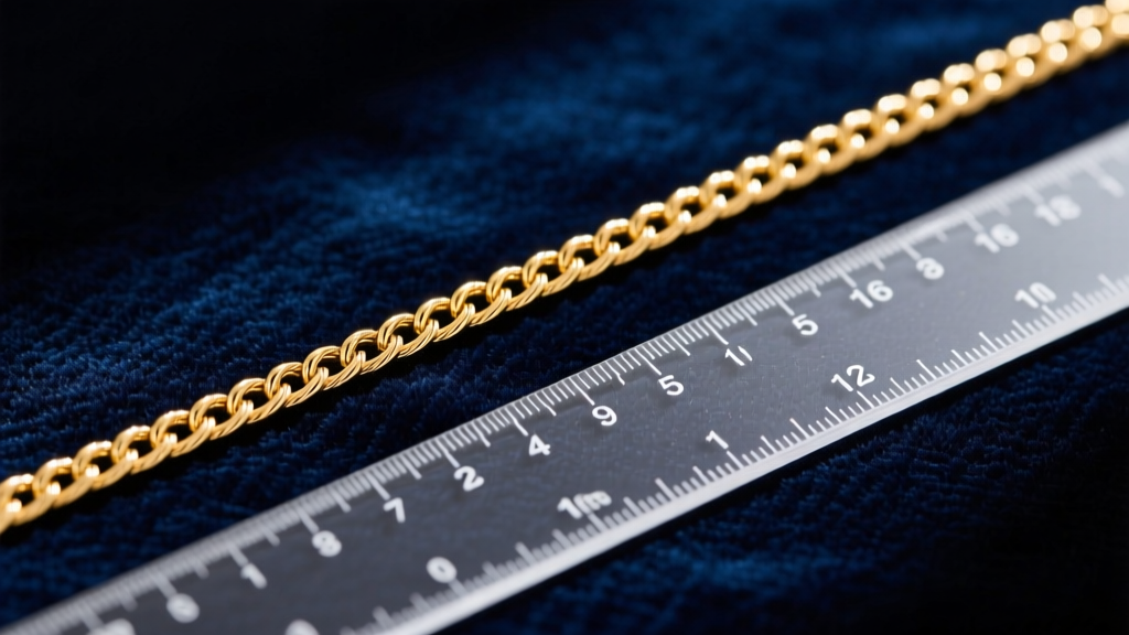 Overhead view of a delicate 14k gold cable chain laid flat on dark velvet next to a clear acrylic ruler showing exactly 16 inches.