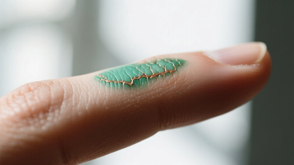Close-up of a faint green copper stain on a bare finger, lit by soft window light to show detailed skin texture and natural pores.