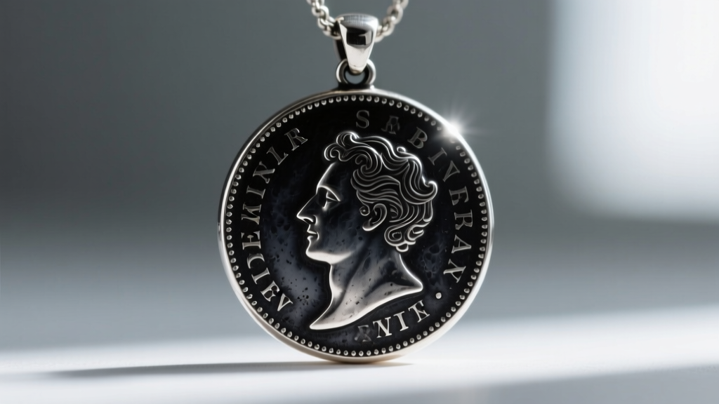Macro shot of an oxidized silver doubloon pendant with deep black patina in engraved crevices and bright polished raised edges
