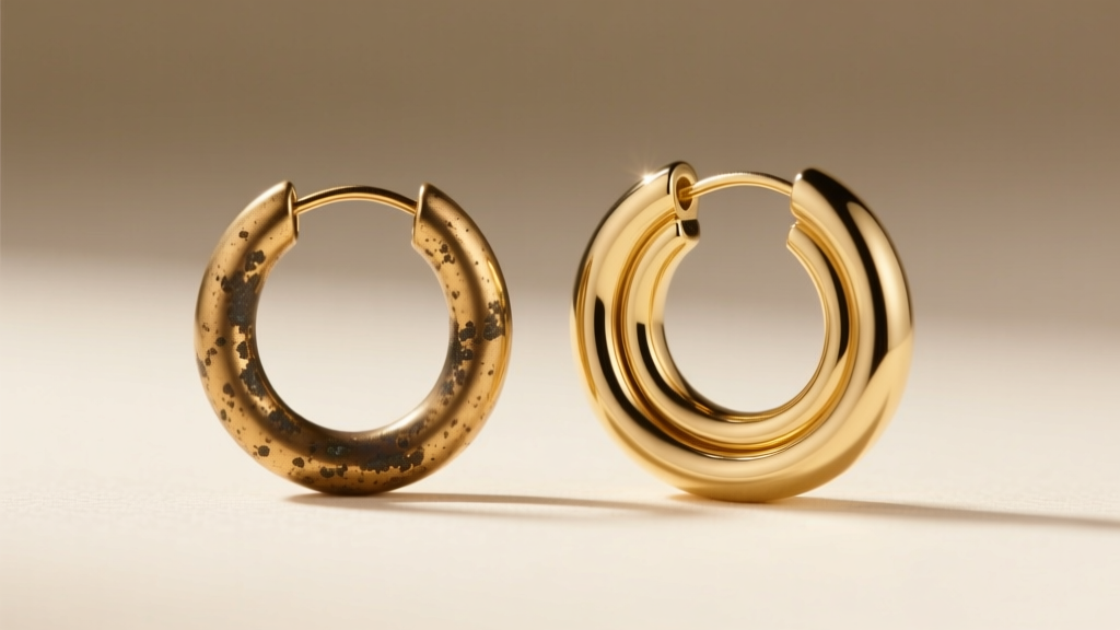 Comparison of a tarnished brass plated earring and a pristine solid 14k gold concentric hoop earring under bright studio lighting.