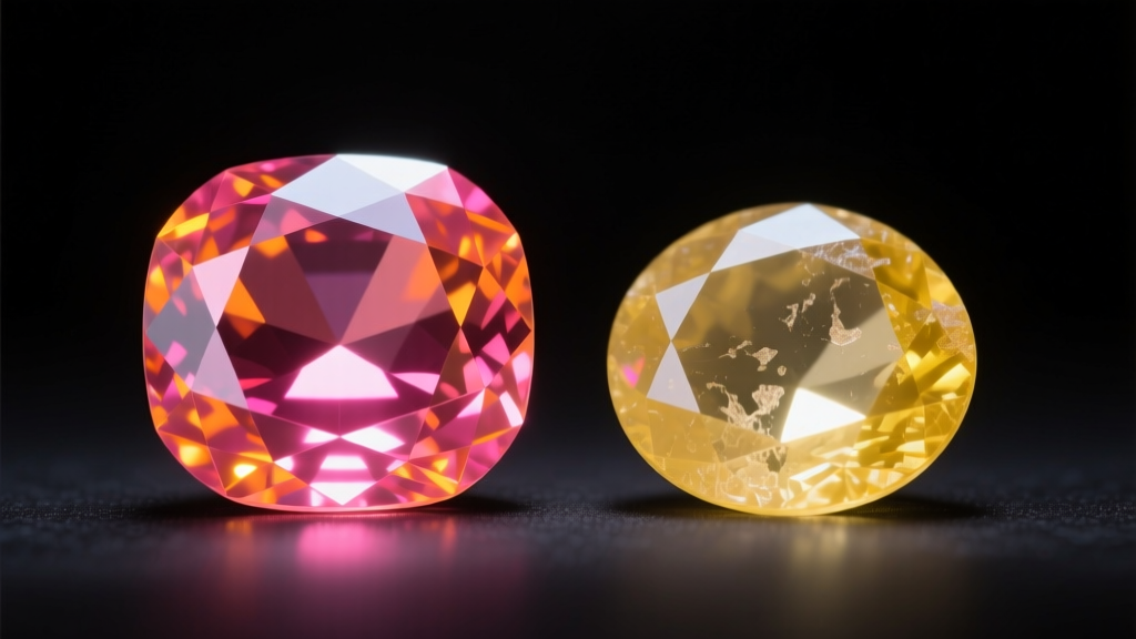 Macro shot comparing a vibrant natural padparadscha sapphire to a faded irradiated yellow sapphire under direct UV lighting.