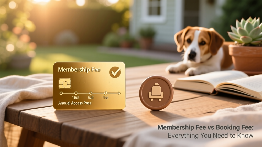 Side-by-side comparison graphic showing 'Membership Fee' as an annual access pass and 'Booking Fee' as a per-sit confirmation token