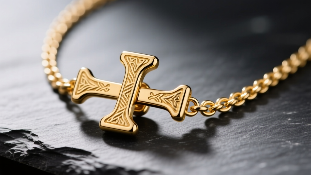 Macro shot of a 14k gold toggle charm necklace on slate, focusing on the textured T-bar clasp and fine cable chain.