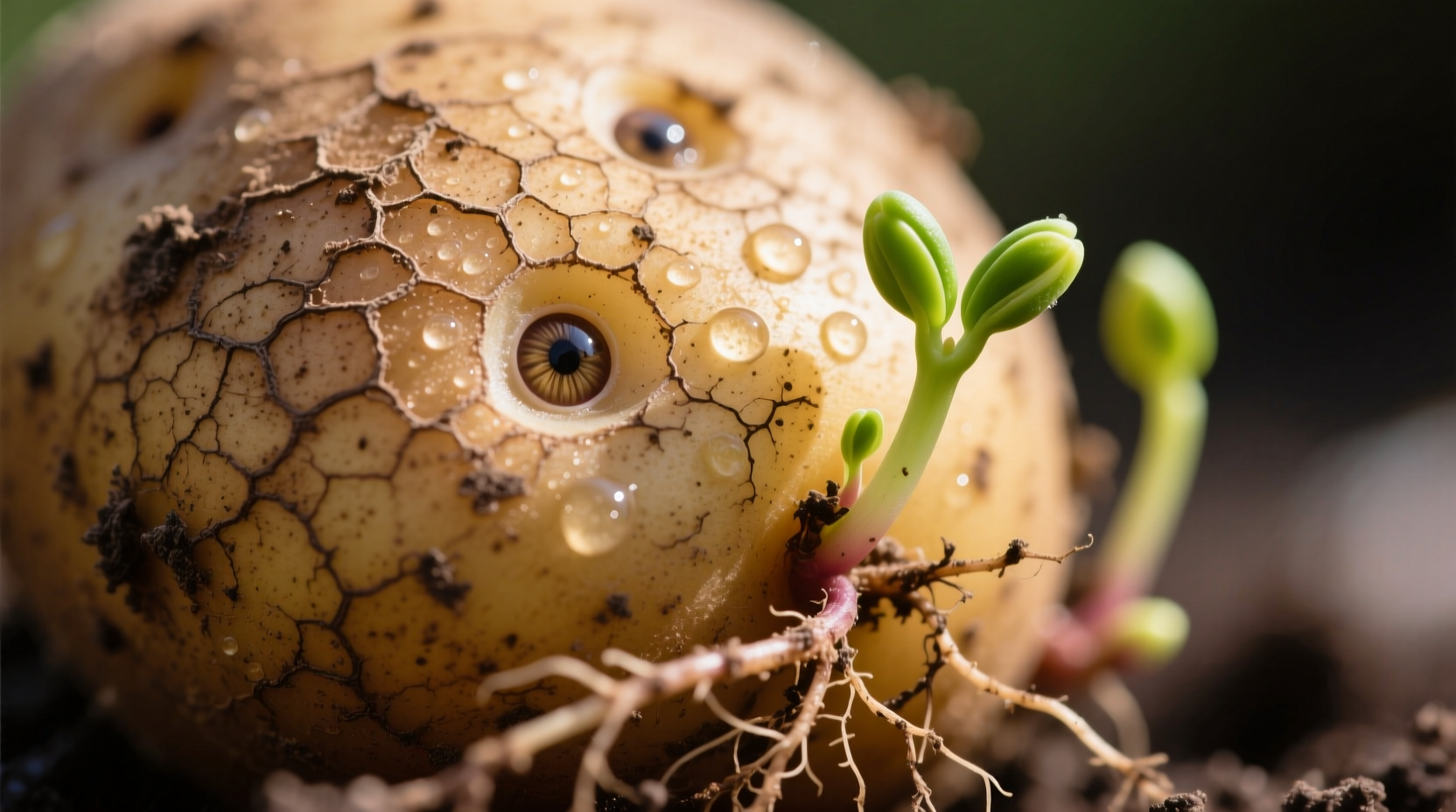 Close-up of potato eyes and sprouts on russet potato
