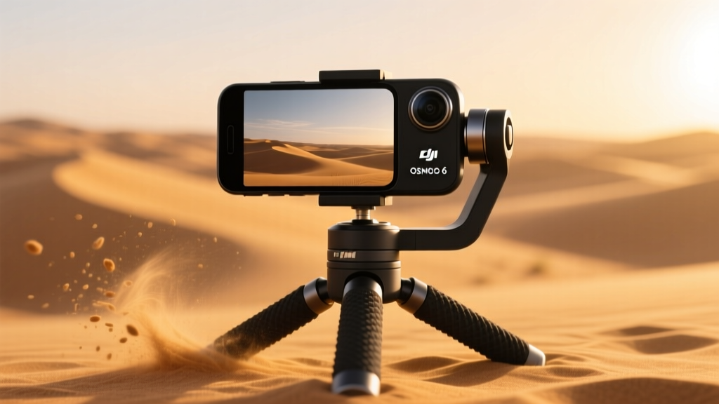 Close-up of DJI Osmo Mobile 6 on tripod in desert environment with sand dust blowing across smartphone screen and gimbal motors