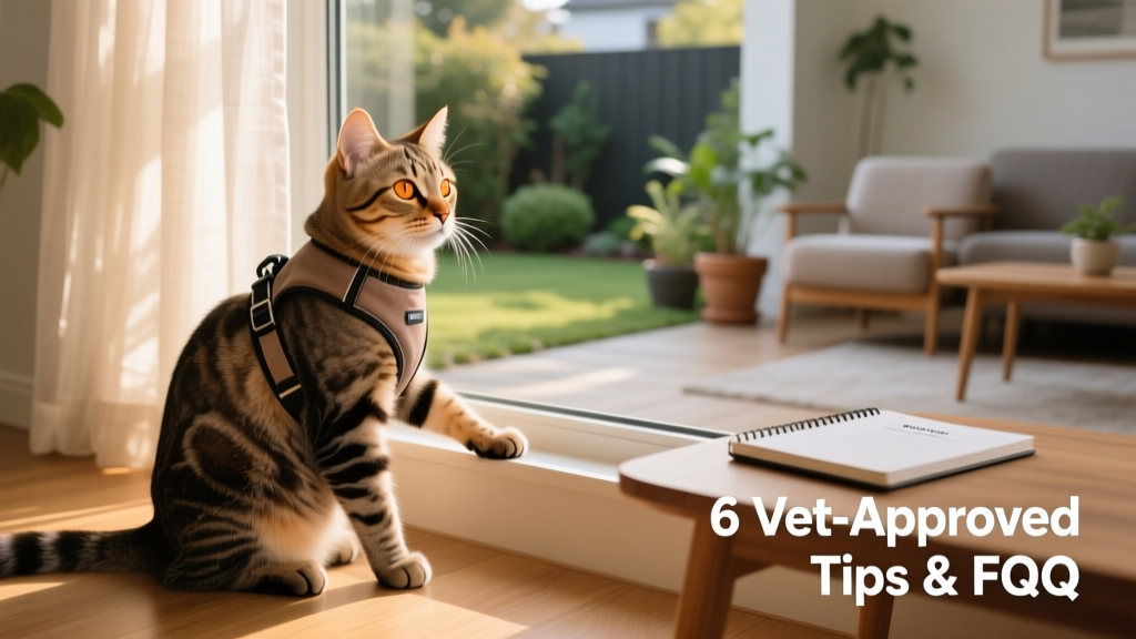 A relaxed tabby cat wearing a well-fitted harness indoors, sitting calmly beside a window