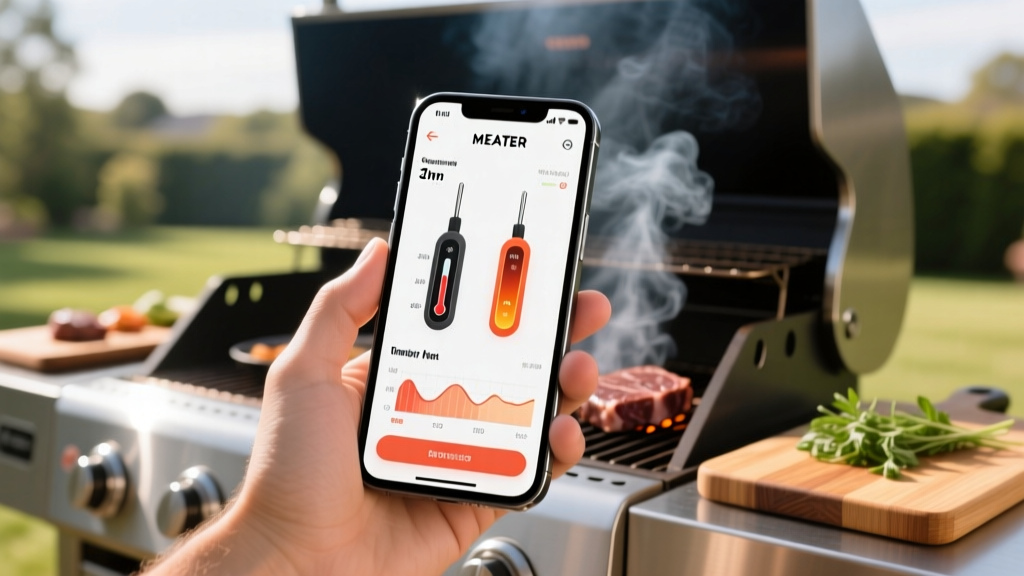 Smartphone screen displaying the MEATER app interface showing dual temperature probes tracking internal and ambient grill heat.