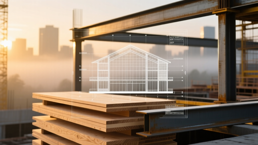 Architectural blueprint overlaid on a stack of cross-laminated timber panels and steel I-beams at a modern commercial construction site at dawn