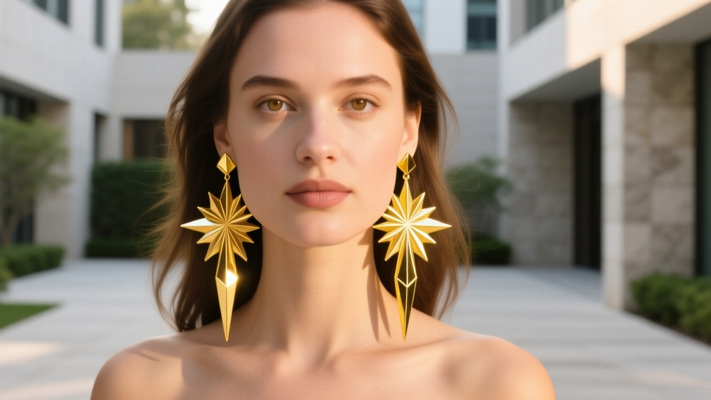 Woman with a round face wearing long geometric sunburst dangle earrings in polished yellow gold, illuminated by outdoor lighting.