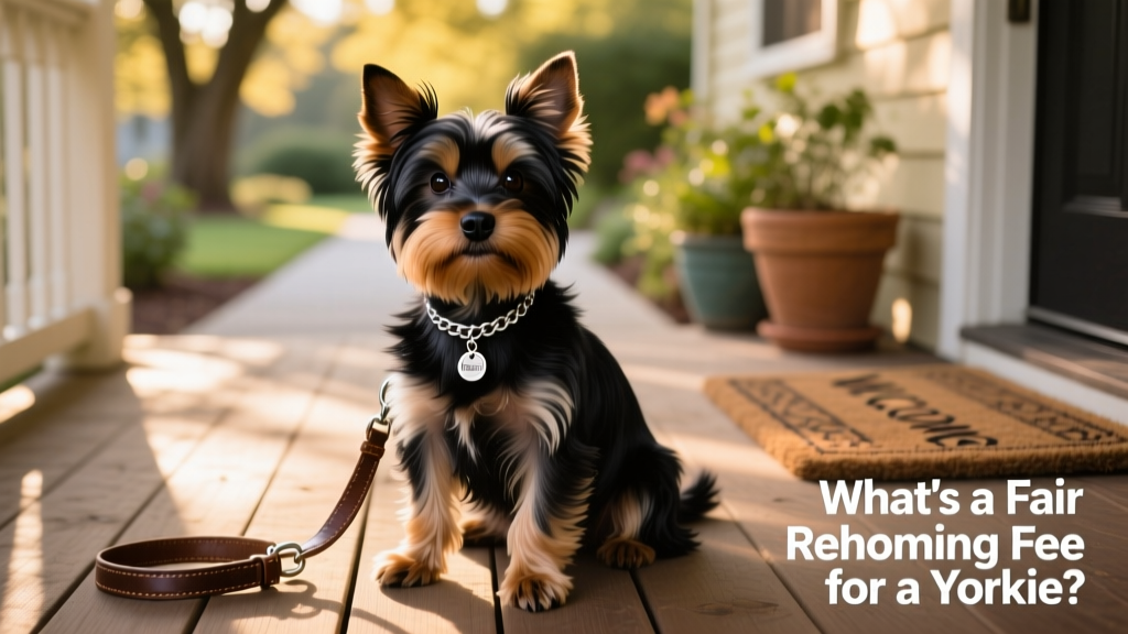 A friendly, well-groomed Yorkie sitting calmly beside a leash and collar