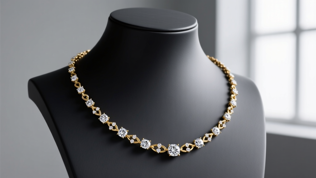 160cm 18k white gold farandole necklace draped over a dark charcoal bust, highlighting alternating diamond bezels and gold links