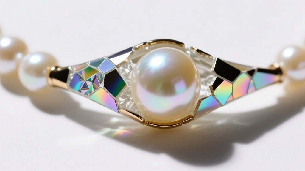 Extreme macro photography of a vintage glass pearl necklace showing the iridescent bismuth coating flaking off the glass core edge