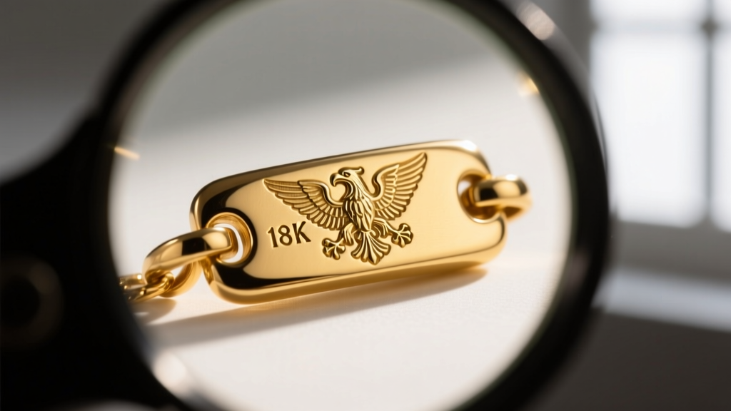 Close-up of a vintage 18k gold pendant bail featuring a stamped French eagle head hallmark, viewed through a jeweler's macro loupe