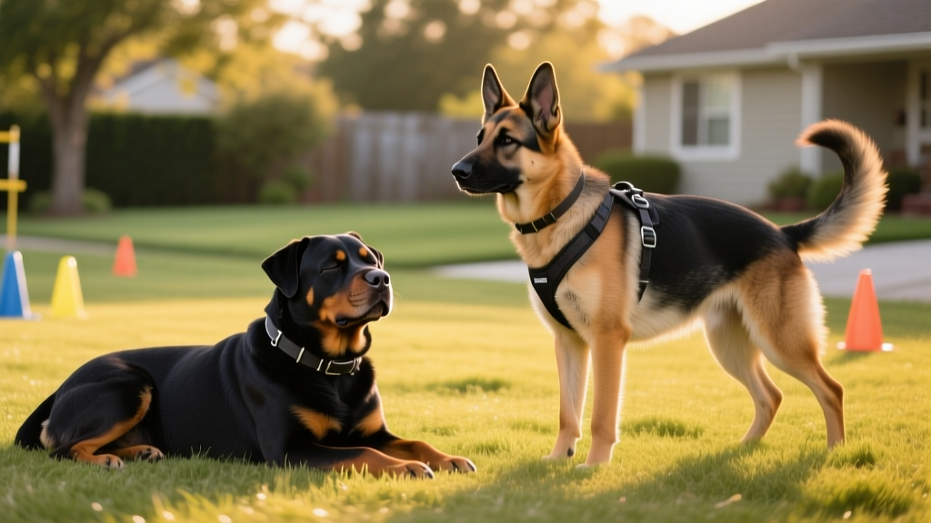 Side-by-side photo showing a calm Rottweiler resting beside an alert, focused German Shepherd during obedience training
