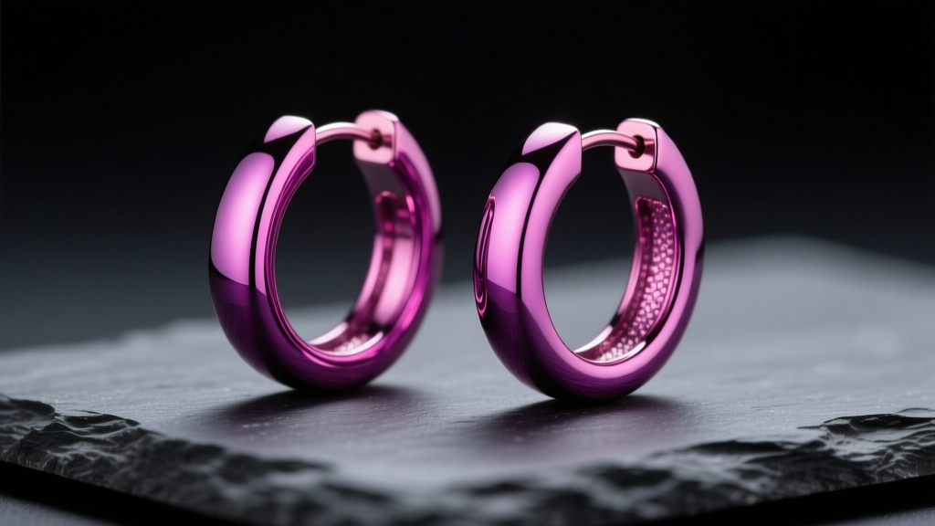 Macro shot of magenta anodized titanium hoops on dark slate, showing a vibrant purple-pink metallic sheen under soft studio light.
