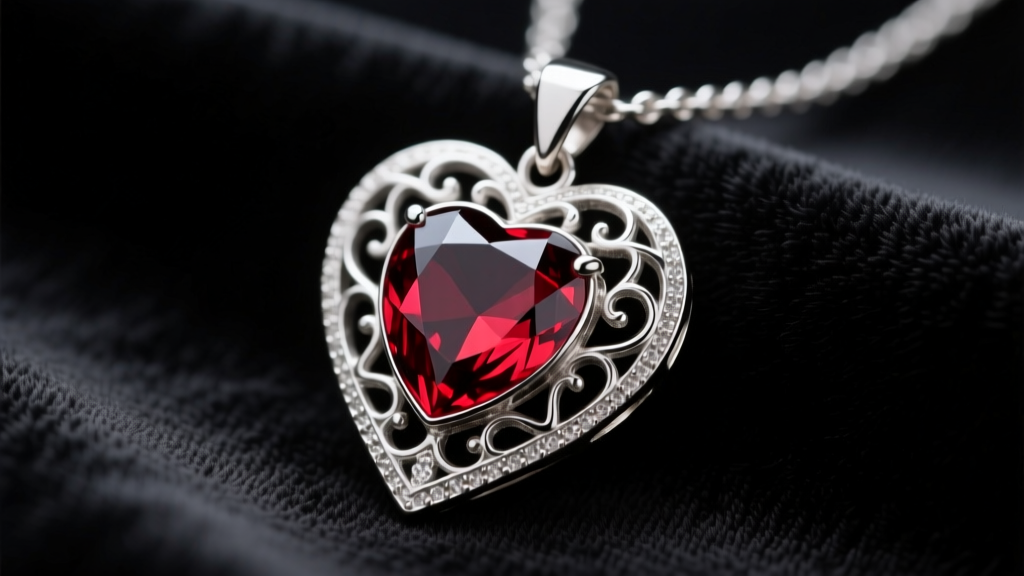 Close-up of a gothic silver-tone heart pendant necklace with a deep red faceted gemstone resting on dark black velvet fabric.