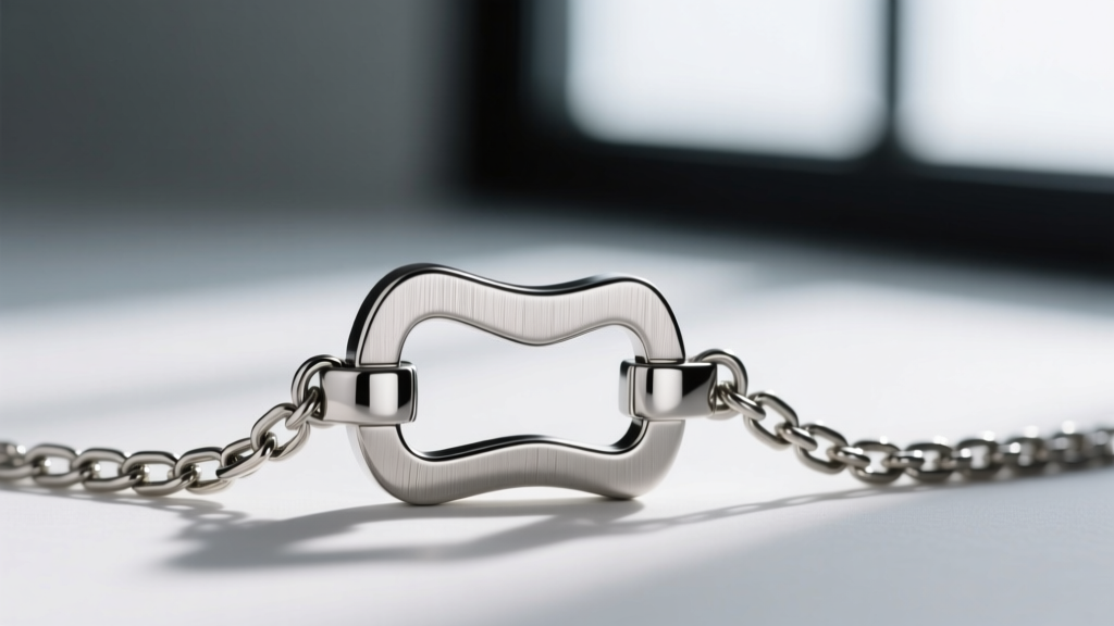 Macro photography of a 316L stainless steel electric guitar necklace clasp and cable chain, highlighting the brushed metal texture