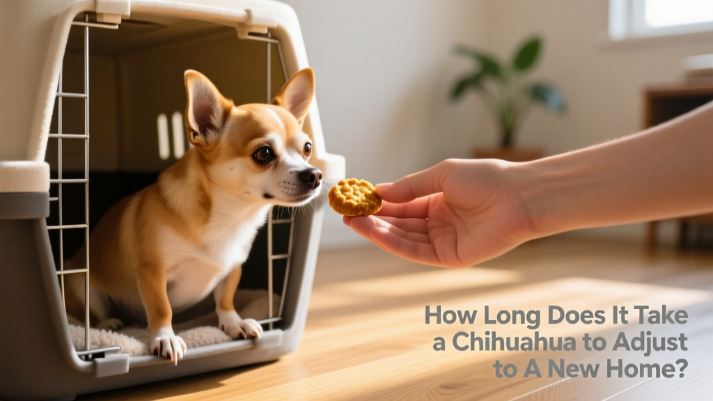 A gentle hand offering a treat to a cautious Chihuahua sitting near a cozy crate