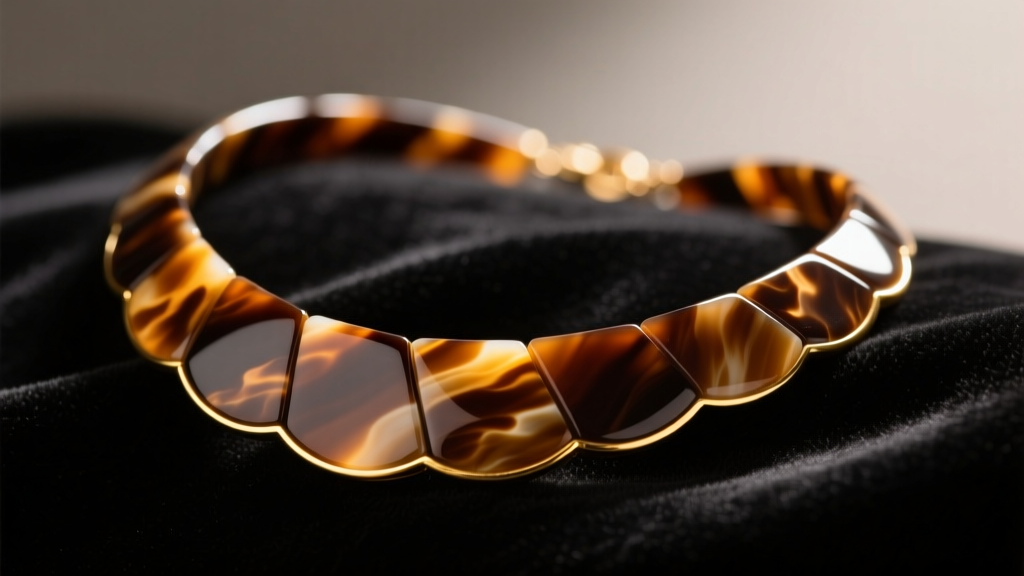 Close-up of a vintage mottled brown tortoise shell necklace resting on dark velvet under warm, directional gallery lighting.