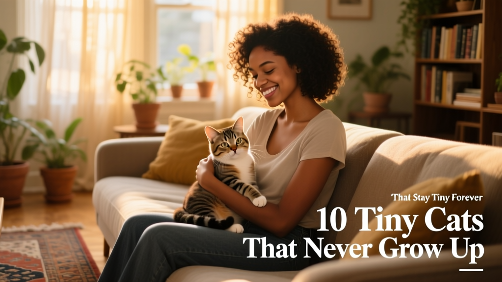 A joyful African American young woman sitting on her living room sofa, gently holding a small, curled-eared cat in her lap