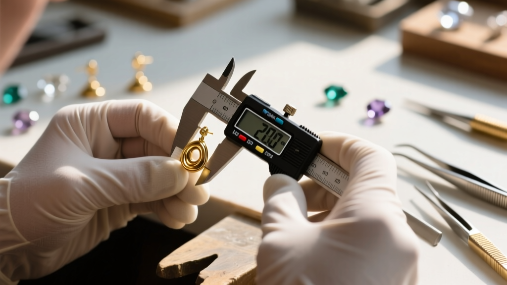 Jeweler using digital calipers to measure a 20-gauge gold earring post finding against a softly blurred workshop background