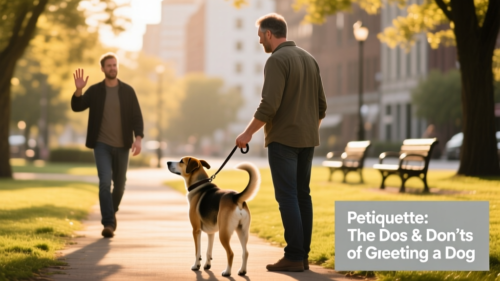 A dog owner gently guiding their leashed dog away from an approaching stranger, with clear body language showing calm but protective posture