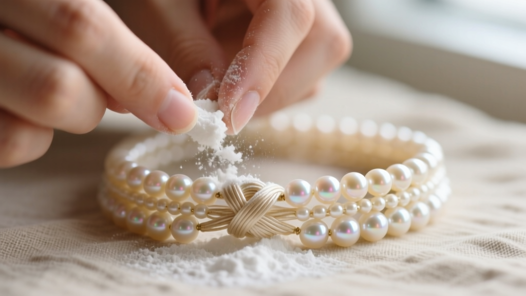 Macro shot of hands carefully applying a fine layer of cornstarch to a tangled knot on a multi-strand freshwater pearl necklace.