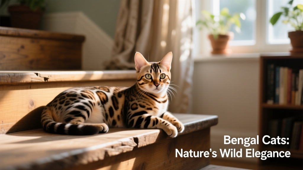 Vertical portrait of Bengal kitten laying on stair